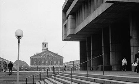 black and white image of Boston City Hall