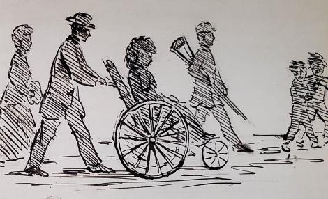 line drawing of people; several are walking and one is in a wheelchair